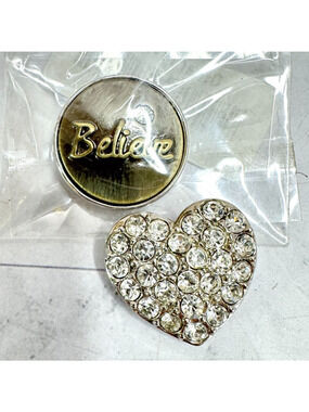 Lot of 2 Magnolia and Vine Snap Button Charms Pave Heart Believe 18mm One NEW